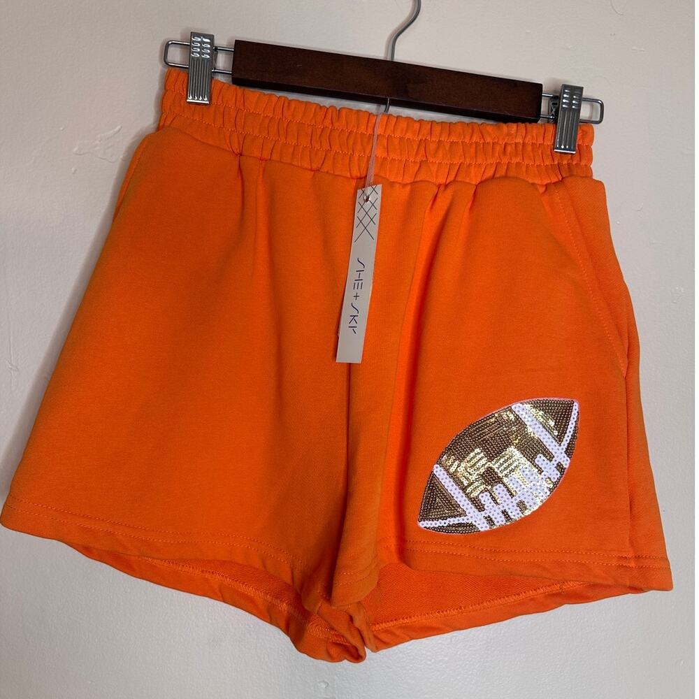 NWT She + Sky Orange Football Sequin Pull-on Shorts Small
